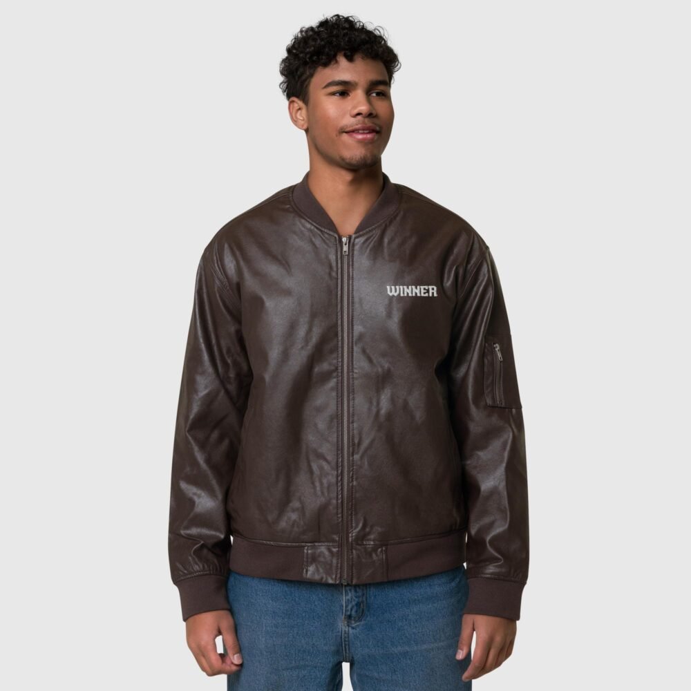 faux leather bomber jacket brown front 656f003ce140c